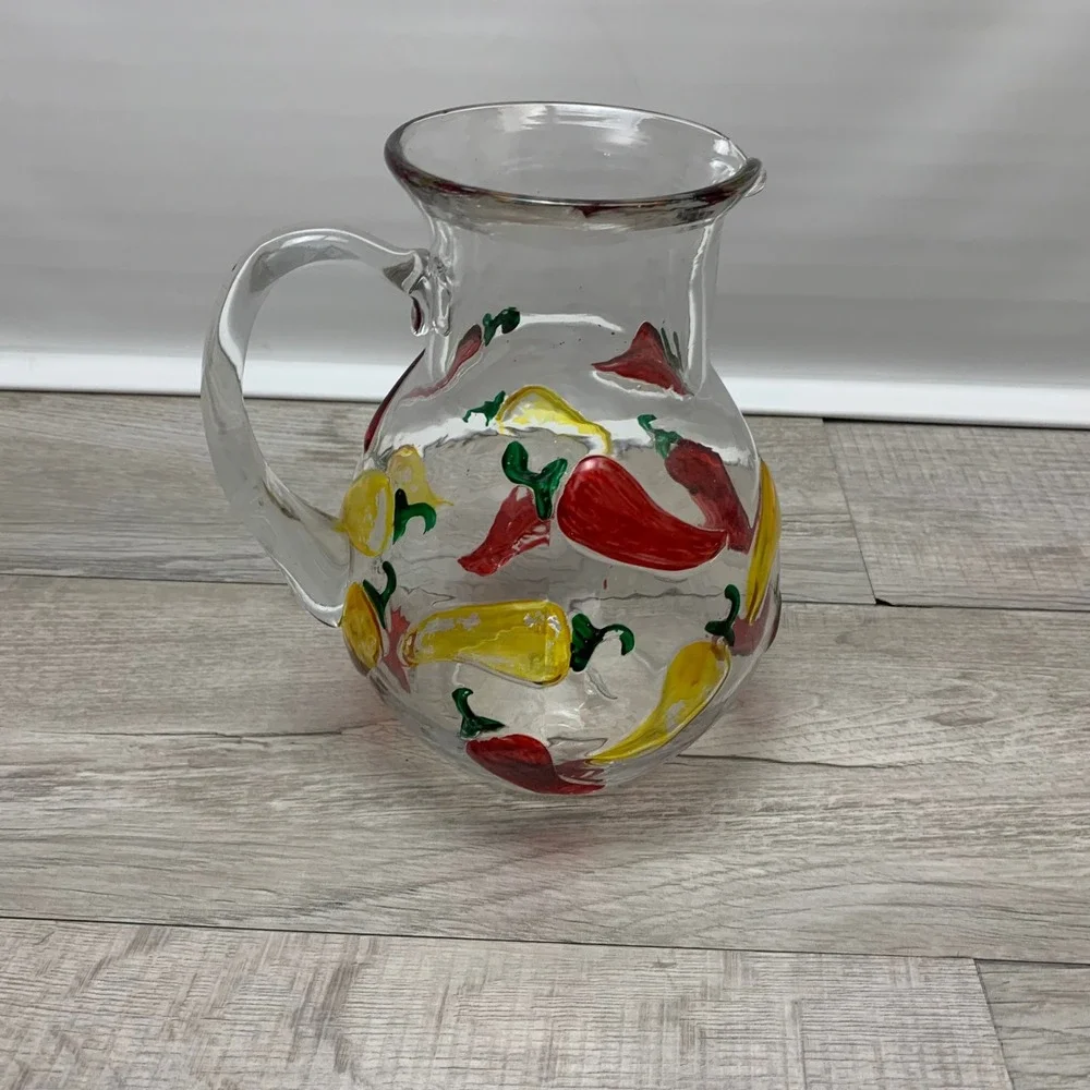 Vintage Hand Painted Chili Pepper Glass Pitcher Red Yellow Southwestern Decor